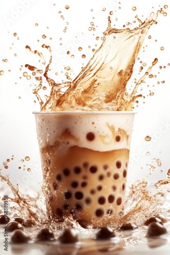 bubble tea splash with tapioca pearls and milk swirl, isolated on white background