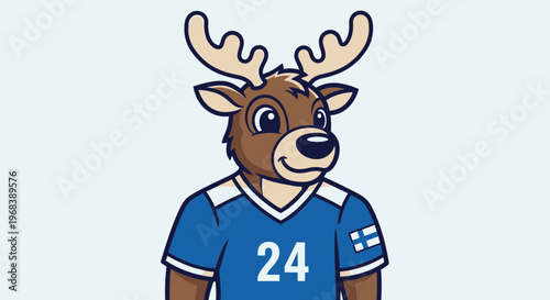 Cartoon Reindeer Mascot Wearing Finnish Flag Jersey with Number 24