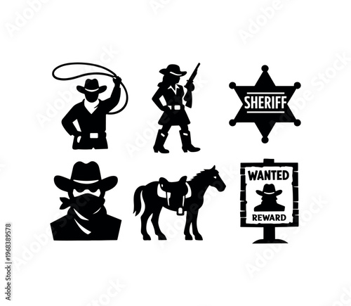 Wild west icon set. cowboy, cowgirl, sheriff badge, wanted poster, horse, lasso, outlaw, revolver, western hat, bandit, saddle. flat vector illustration.