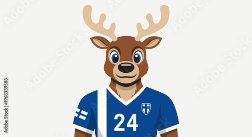 Cartoon Reindeer Mascot Wearing Finnish Football Jersey with Number 24