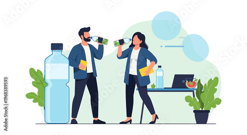 Two colleagues drinking water at the office during a break.