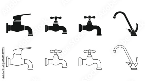 Various faucet designs in a black and white graphic silhouette