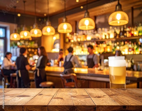 Craft Beer Glass on Wooden Table in Bar.