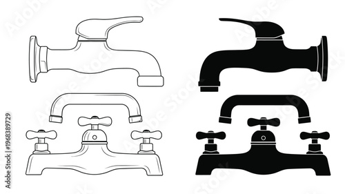 Four faucet designs showcasing both color and black silhouette