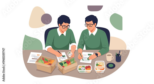 Two men working together at a desk with lunch boxes.