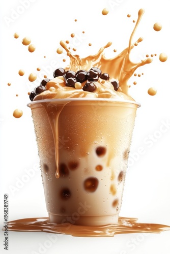 bubble tea splash with tapioca pearls and milk swirl, isolated on white background