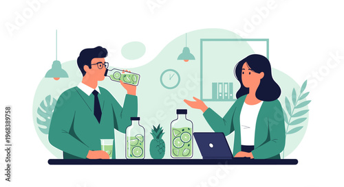 Two people enjoying healthy drinks and working on laptop.