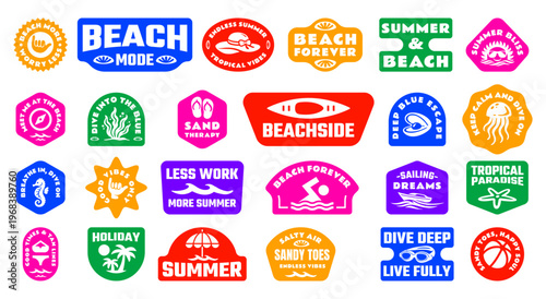 Colorful Summer at Beach Sticker Mega Pack with Tropical, Diving, Sailing, Vacation Badges Flat Vector Illustration, Bold Graphics for  T-Shirt Prints, Posters, Logos, Banners, Decals