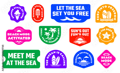Colorful Summer Beach Quote Sticker Pack with Surfboard, Ice cream, Waves, Sun, Starfish, Seashell, Beach Slogans, Bold Flat Vector Badge Collection for T-Shirt Prints, Posters, Logos, Banners