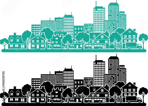 Urban skyline and suburban residential neighborhood landscape with houses trees and skyscrapers in a minimalist hand drawn vector illustration