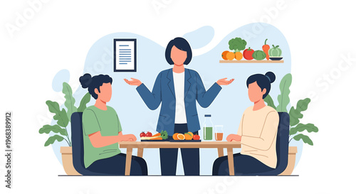 Woman presenting healthy food options to two women at table.