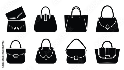 Collection of various handbag designs presented in black silhouette