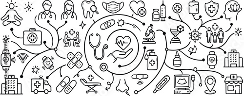 Comprehensive healthcare and medical services network with professional doctors wellness icons and clinical equipment hand drawn vector illustration