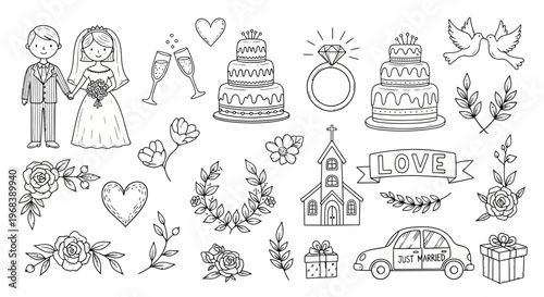 Wedding elements beautifully illustrate a charming bride, groom, cake.