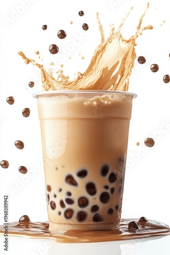 bubble tea splash with tapioca pearls and milk swirl, isolated on white background