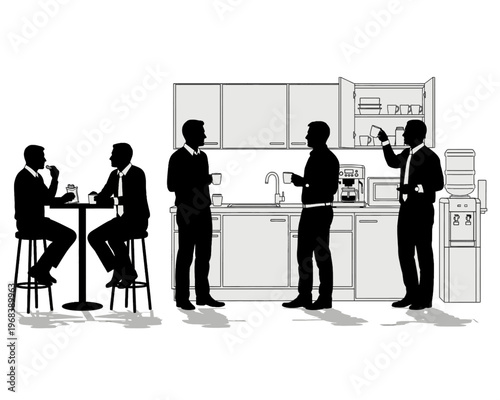 Professional male colleagues are taking a relaxed break, enjoying coffee, snacks, and casual conversation together.