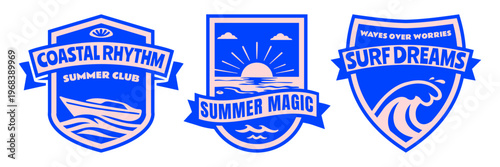 Retro Coastal Summer Badge Set with Speedboat, Sunset Ocean, Wave for Summer & Surf Club, Vintage Beach Logo Design Flat Vector Illustration for T-Shirts, Stickers, Posters, and Marina Branding