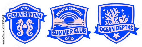 Retro Ocean Badge Set with Seahorses, Sunset Rainbow, Coral Reef, and Summer Club Typography, Vintage Beach Flat Vector Illustration for T-Shirt Prints, Stickers, Posters, and Coastal Branding