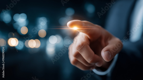 Human Hand Touching Glow: An abstract image of a hand, illuminated by a brilliant glow, poised to interact, suggesting innovation, technology and connection.