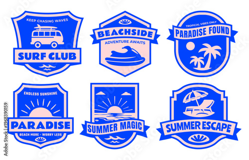 Vintage Summer Beach Resort Badge Collection with Palm Trees, Surf Van, Jet Ski, Sunset, and Tropical Escape Symbols, Flat Vector Shield Logo Design for T-Shirts, Posters, Stickers, Travel Branding