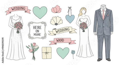 Stylized wedding apparel and decorative elements, hand-drawn with soft.
