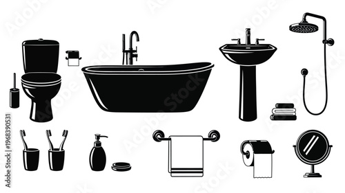 Bathroom fixtures and accessories depicted in a striking black silhouette
