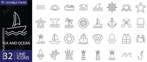 Sea and ocean icons set. Includes symbols of waves, marine life, water, beaches, boats, and maritime elements. Editable stroke. Vector illustration. Outline icons.