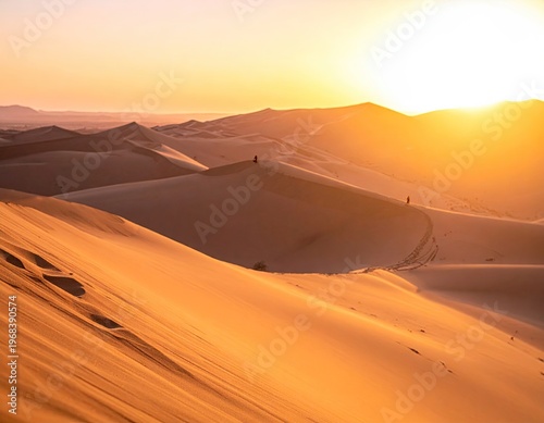 Sunset Over Expansive Desert Sand Dunes Landscape.