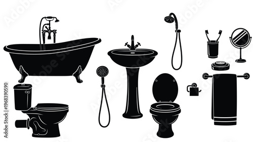 Black bathroom fixtures displayed as a striking graphic silhouette