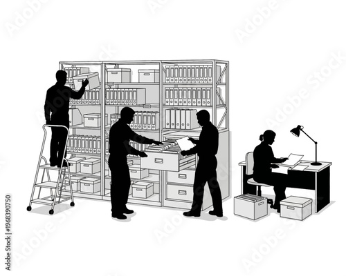 Dedicated office workers diligently sort, retrieve, and file important documents in a structured, efficient, and professional archiving environment.
