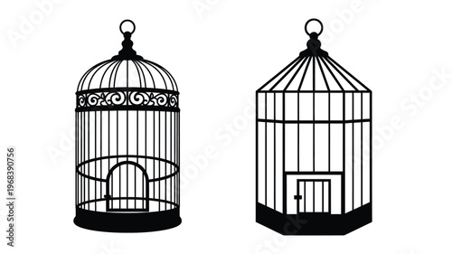 Two ornate birdcages depicted in a striking black silhouette