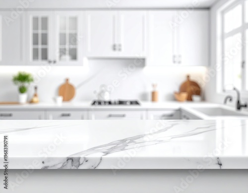 Modern White Kitchen Interior With Marble Countertop.