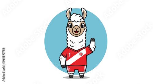 Cute Llama Cartoon Character Wearing Peruvian Soccer Jersey Waving