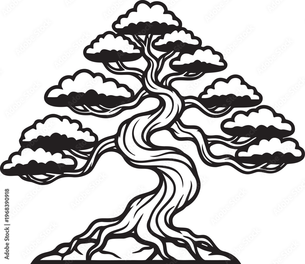Fototapeta premium Stylized bonsai tree in vintage line art style for nature or zen themes.