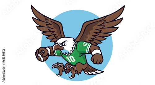Eagle Mascot Holding Football in Green Jersey, Sports Illustration
