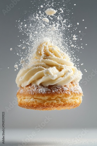 cream puff flying with custard filling, isolated on white background