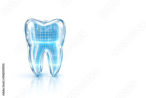 transparent human tooth with blue digital wireframe structure inside. 3D model of molar for dental research. Innovative technology in dentistry, oral hygiene and health concept design