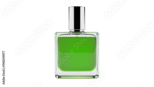 Rectangular green liquid perfume bottle with a shiny chrome cap, isolated on transparent background for cosmetic product advertising and branding
