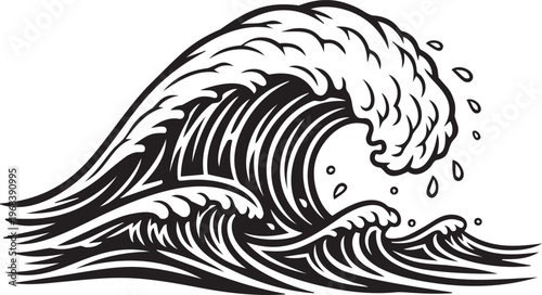 Dynamic ocean wave in vintage woodcut style for travel or surf themes.