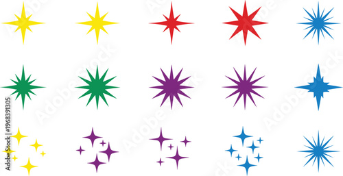 
Colorful Sparkle Starburst Vector Elements Set, Glitter Star Burst Shapes Multi-Color Geometric Decorative Icons for Graphic Design