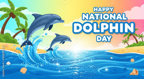 Dolphins jumping out of ocean waves on sunny beach with palm trees celebrating national dolphin day