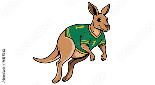 Jumping Kangaroo Wearing Sports Jersey, Cartoon Illustration