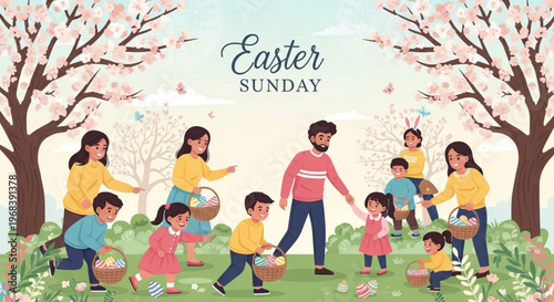 Happy family with children on easter sunday outdoors picking eggs under blooming trees
