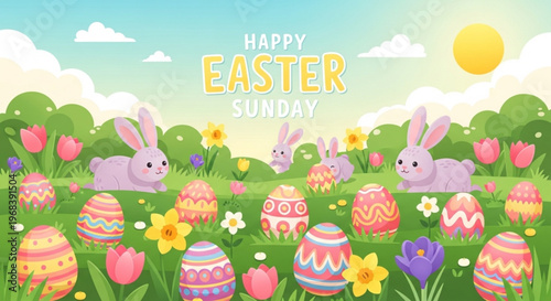 Easter sunday scene with bunnies decorated eggs and flowers in a sunny meadow
