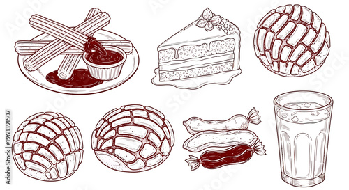 An outline sketch vector illustration of sweet treats including cake, candies, and drinks on a plate.