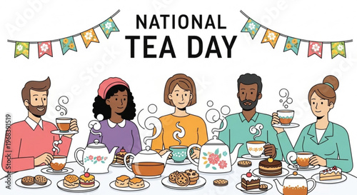 Diverse group of friends celebrating national tea day with steaming cups and sweet treats