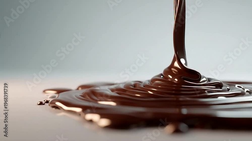 Rich, glossy liquid chocolate pouring and spreading across a smooth, light-colored surface in a studio setting