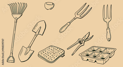 Gardening tools outline sketch vector illustration of various equipment.