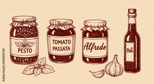 An outline sketch vector illustration of jars and bottle with food ingredients on a table