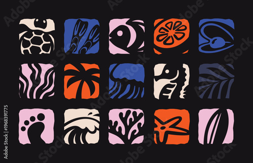 Beach Summer Tropical Marine Life and Coastal Nature Icon Tile Set in Boho Style, Bold Graphic Retro Vector Illustration for T-Shirt Prints, Posters, Stickers, Patterns, and Seaside Decor
